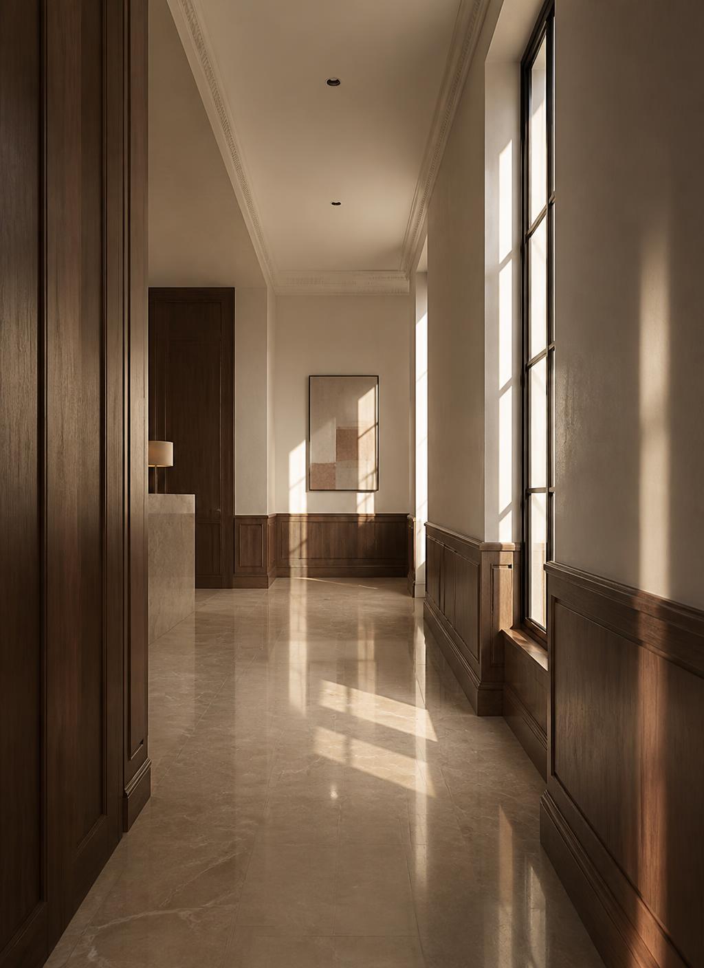 Sunlit corridor of a private law office with walnut paneling and marble floors